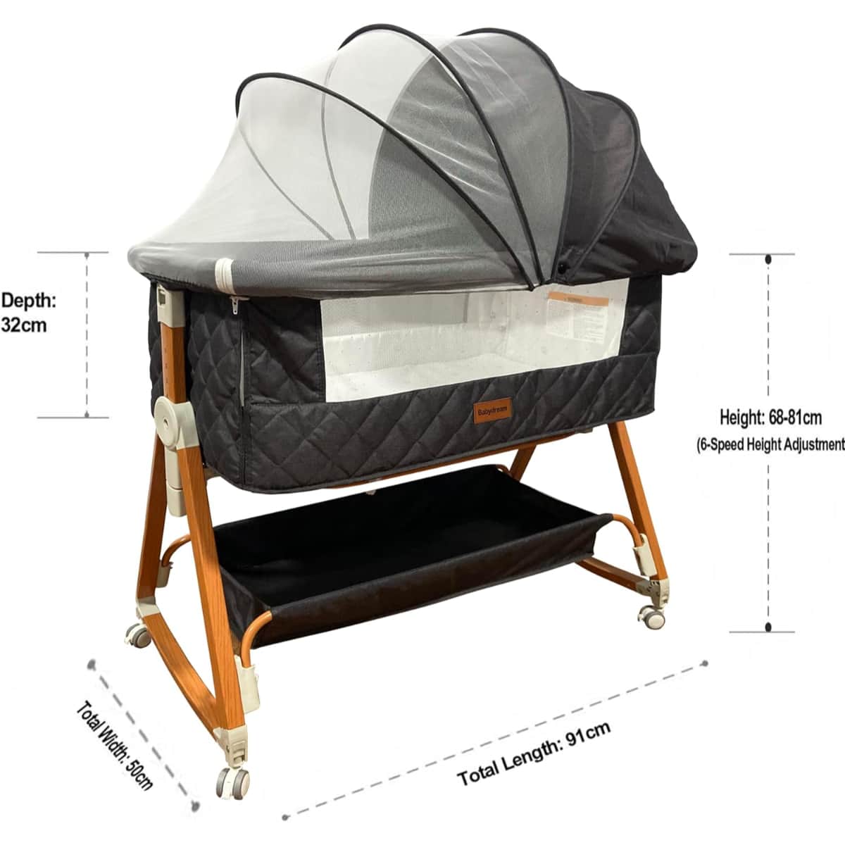 BabyDream Portable 6-Level Adjustable Height Crib Toddler, 0-2 Years