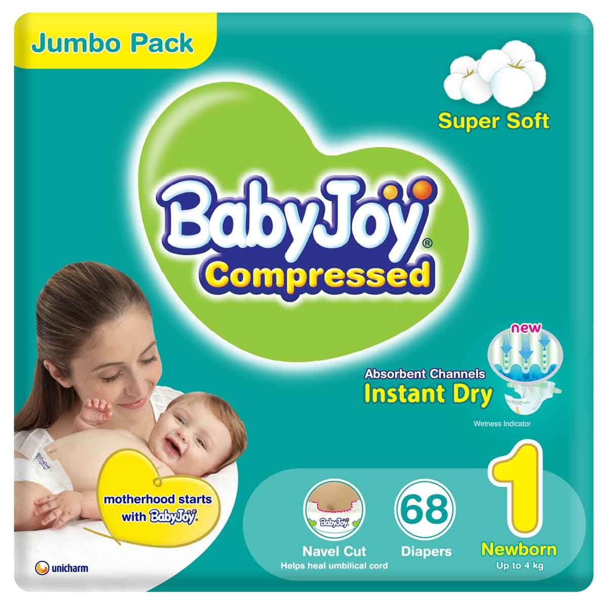 BabyJoy 68-Piece Size 1 Newborn 0-4 kg 2X Compressed Diamond Pad Diapers