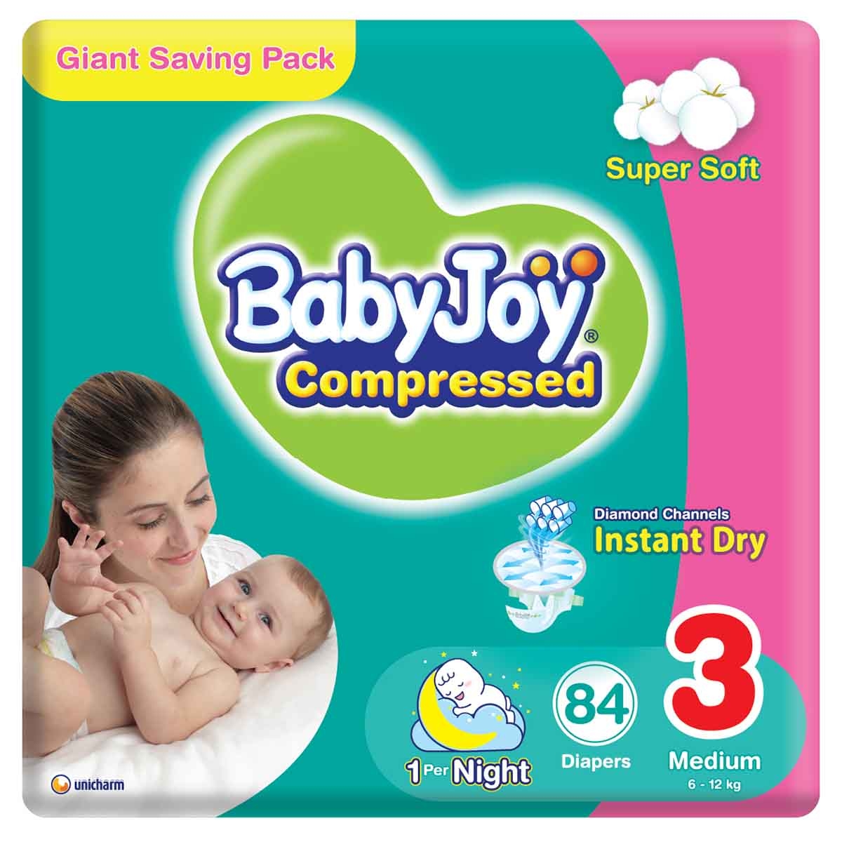 BabyJoy 84-Piece Size 3 Medium 6-12 kg Compressed Diamond Pad Diapers
