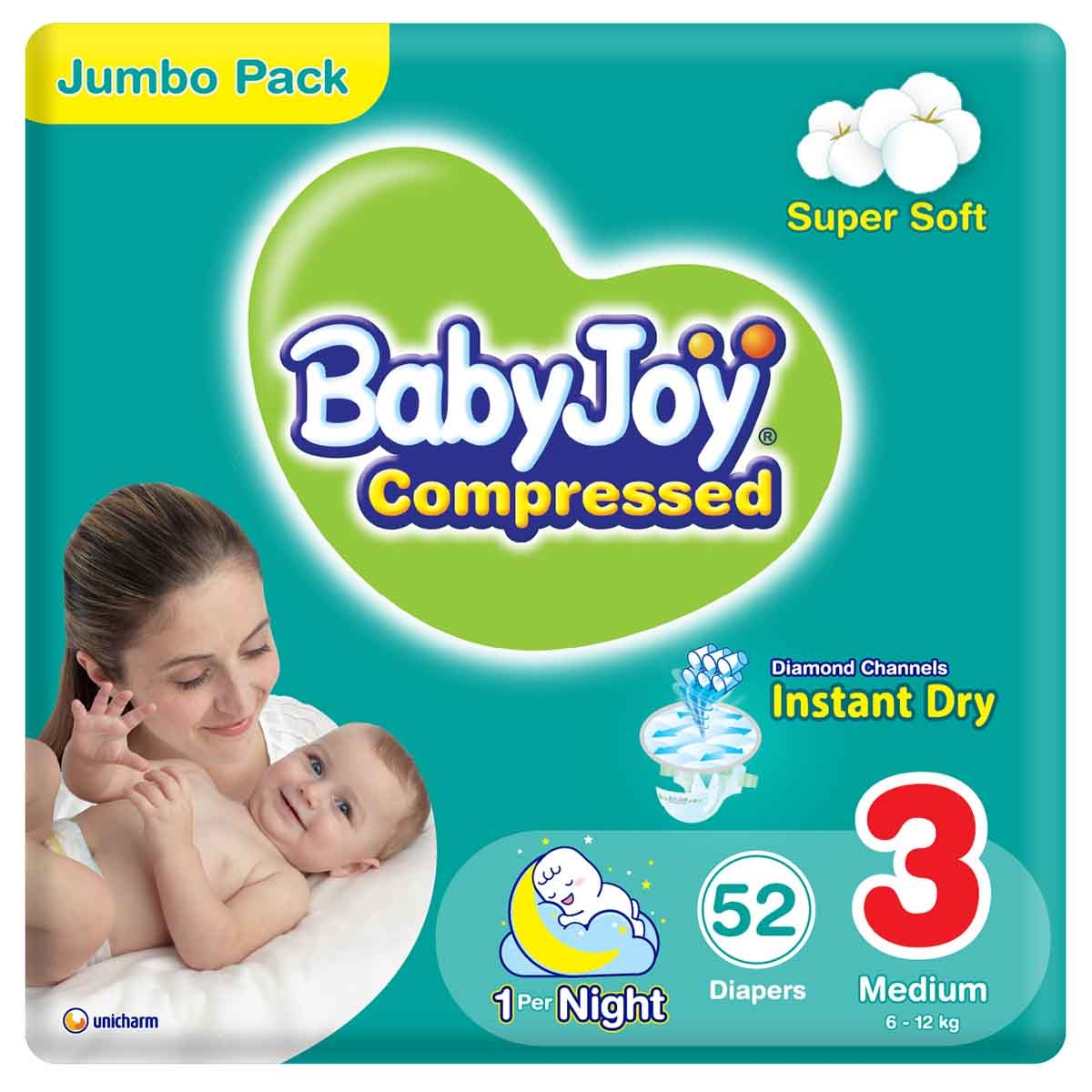 BabyJoy 52-Piece Size 3 Medium 6-12 kg Compressed Diamond Pad Diapers