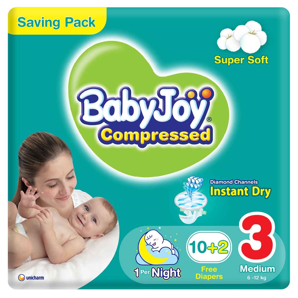 BabyJoy 12-Piece Size 3 Medium 6-12 kg Compressed Diamond Pad Diapers