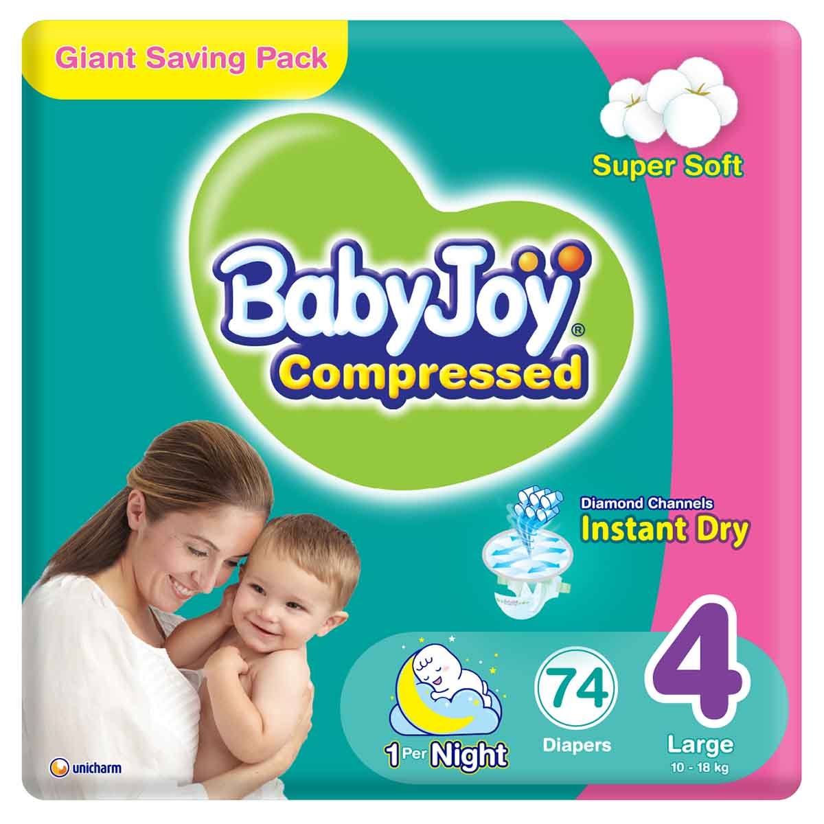 بيبي جوي حفاضات أطفال بوسادة ماسية مضغوطة مقاس 4 كبير 10-18 كغ – 74 قطعة