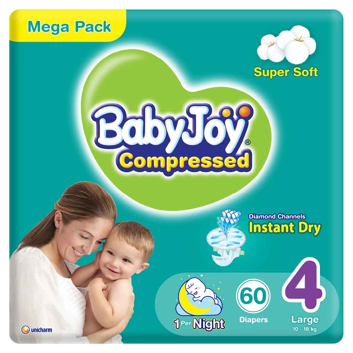 بيبي جوي حفاضات أطفال بوسادة ماسية مضغوطة مقاس 4 كبير 10-18 كغ – 60 قطعة