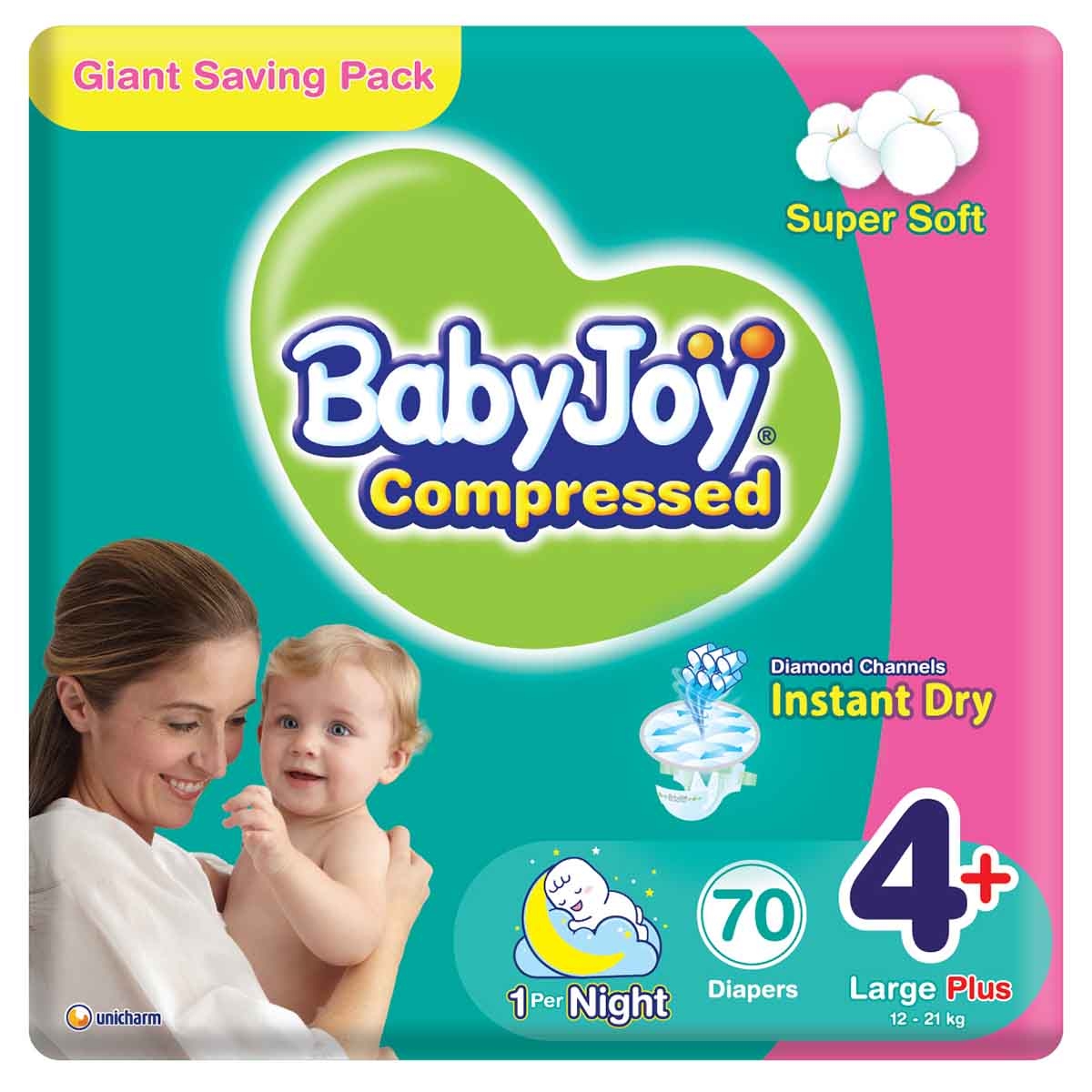 BabyJoy 70-Piece Size 4+ Large Plus 12-21 kg Compressed Diamond Pad Diapers