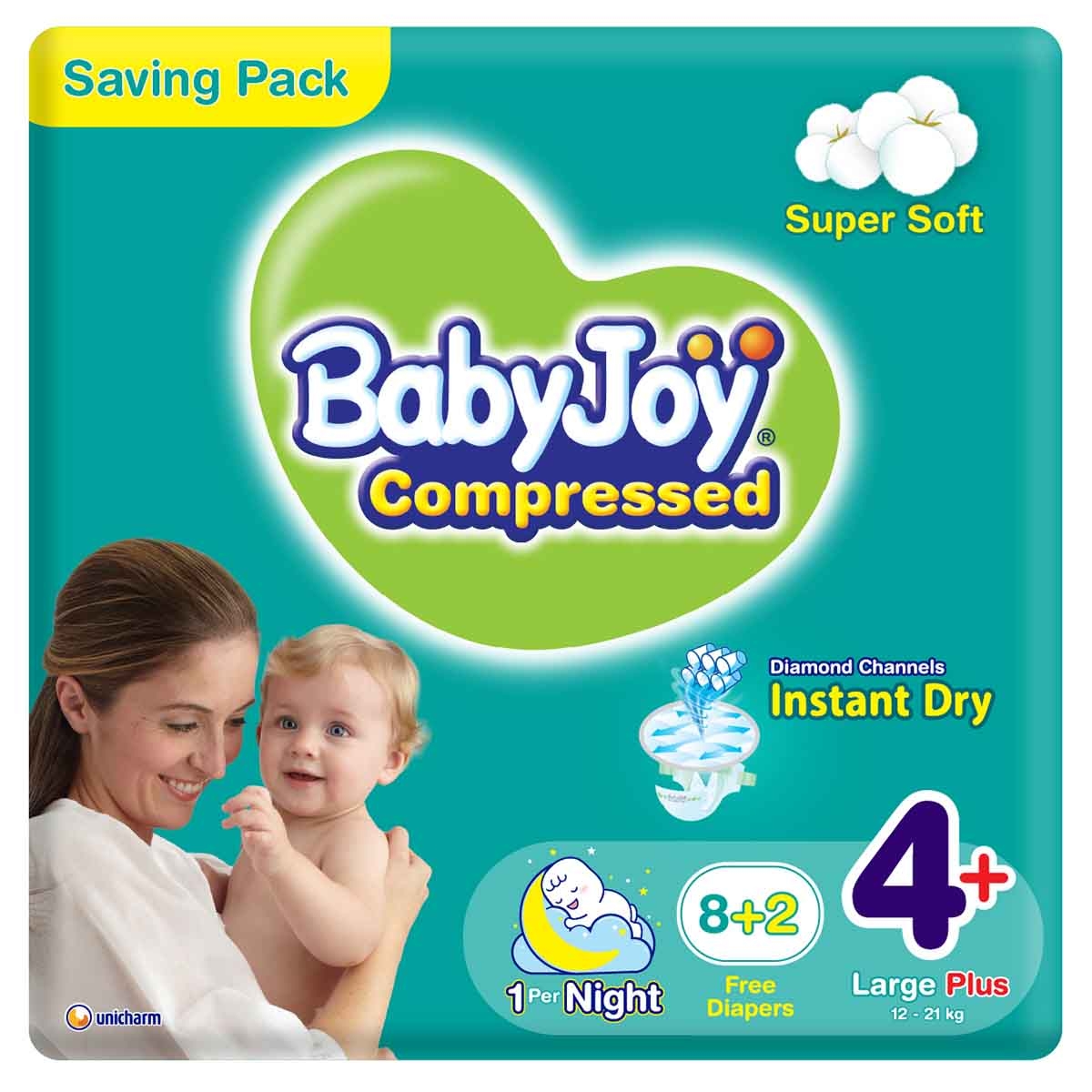 BabyJoy 10-Piece Size 4+ Large Plus 12-21 kg Compressed Diamond Pad Diapers