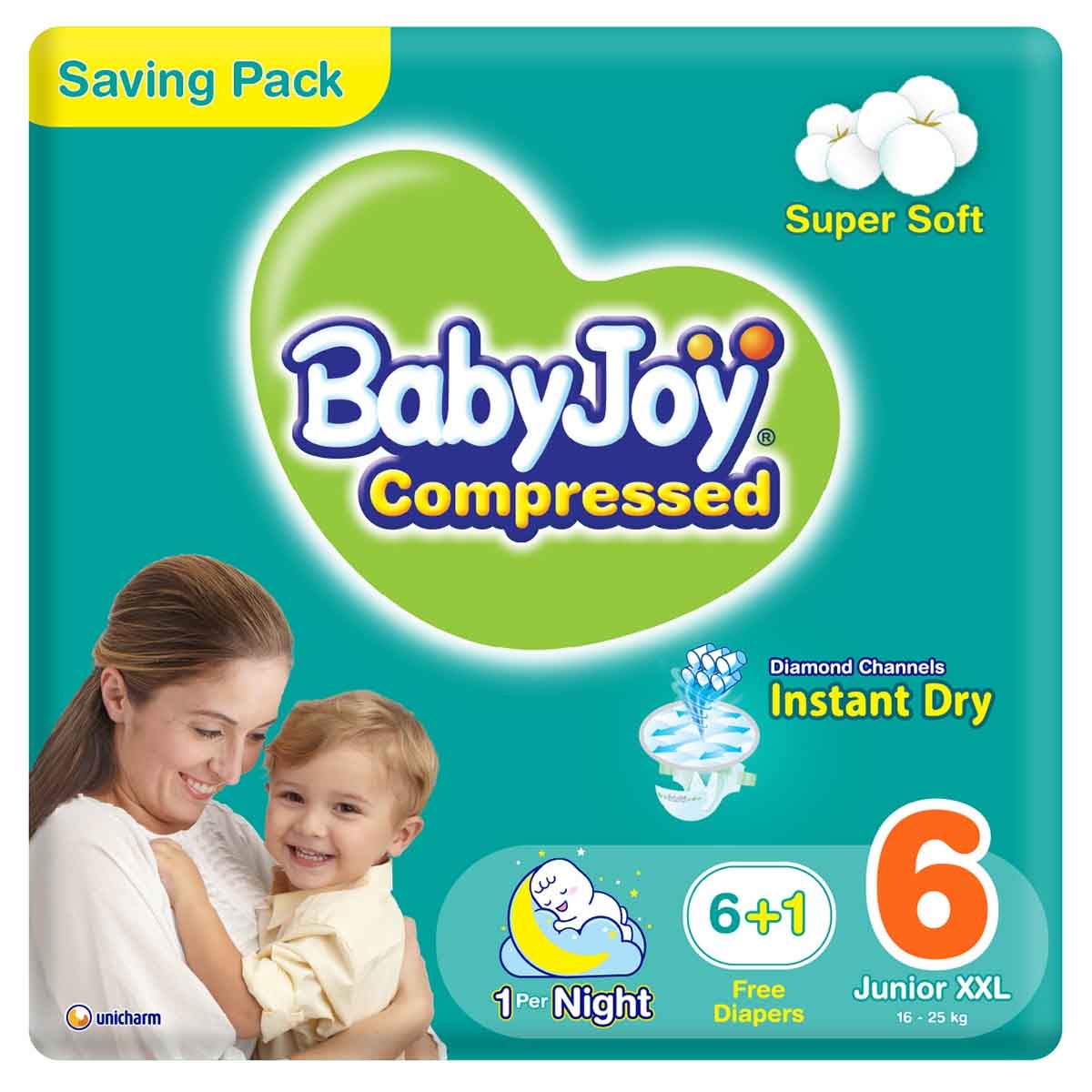 بيبي جوي حفاضات أطفال بوسادة ماسية مضغوطة مقاس 6 جونيور XXL 16-25 كغ – 8 قطع