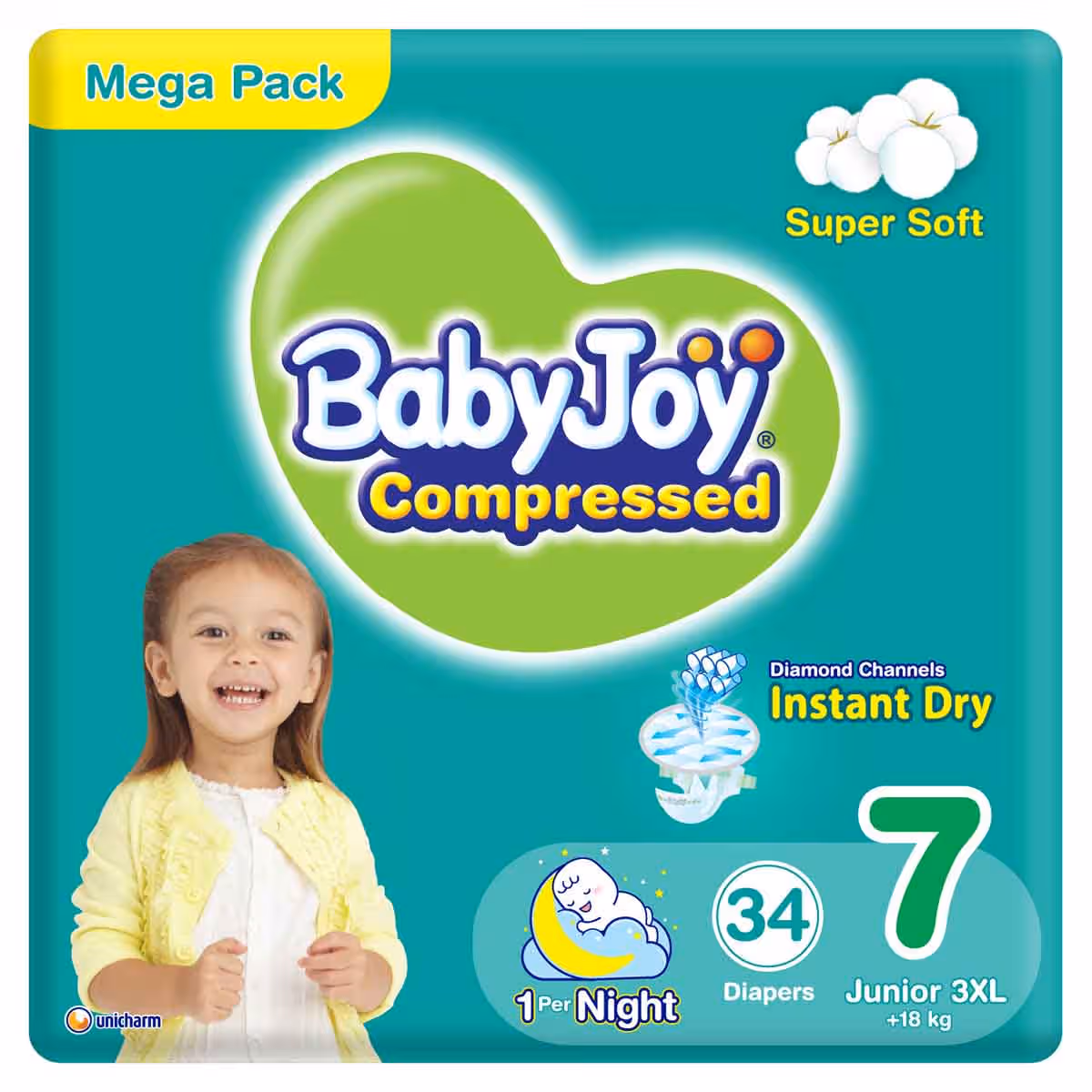 BabyJoy 34-Piece Size 7 Junior 3XL 18+ kg Compressed Diamond Pad Diapers