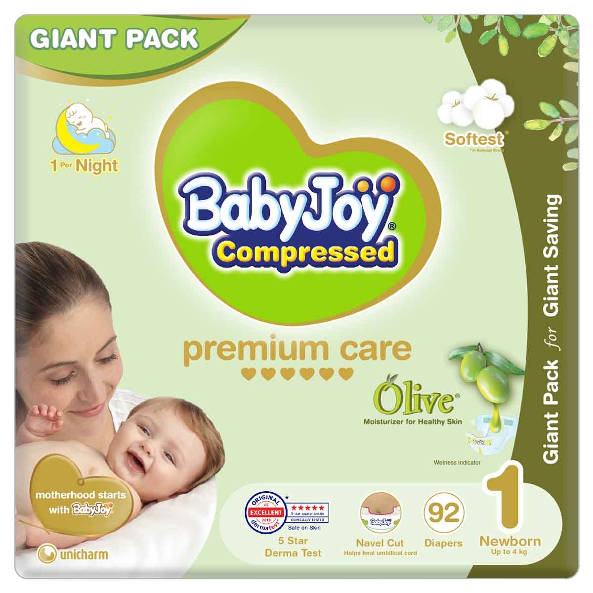 BabyJoy 92-Piece Size 1 Newborn 0-4 kg Olive Tape Diapers