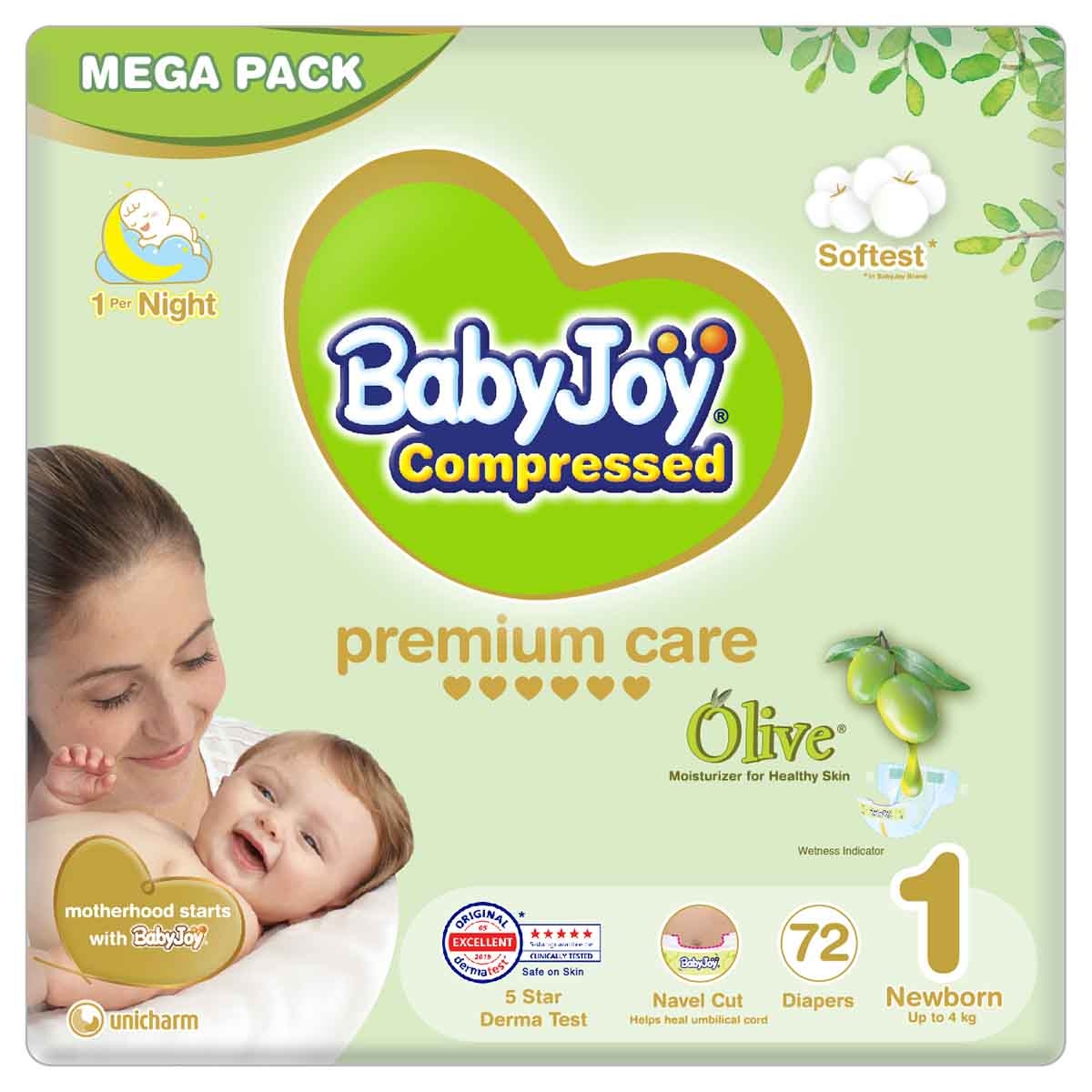 BabyJoy 72-Piece Size 1 Newborn 0-4 kg Olive Tape Diapers