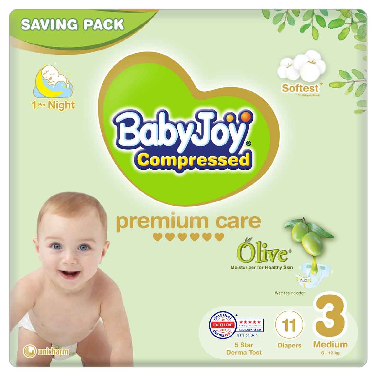 BabyJoy 11-Piece Size 3 Medium 6-12 kg Olive Tape Diapers
