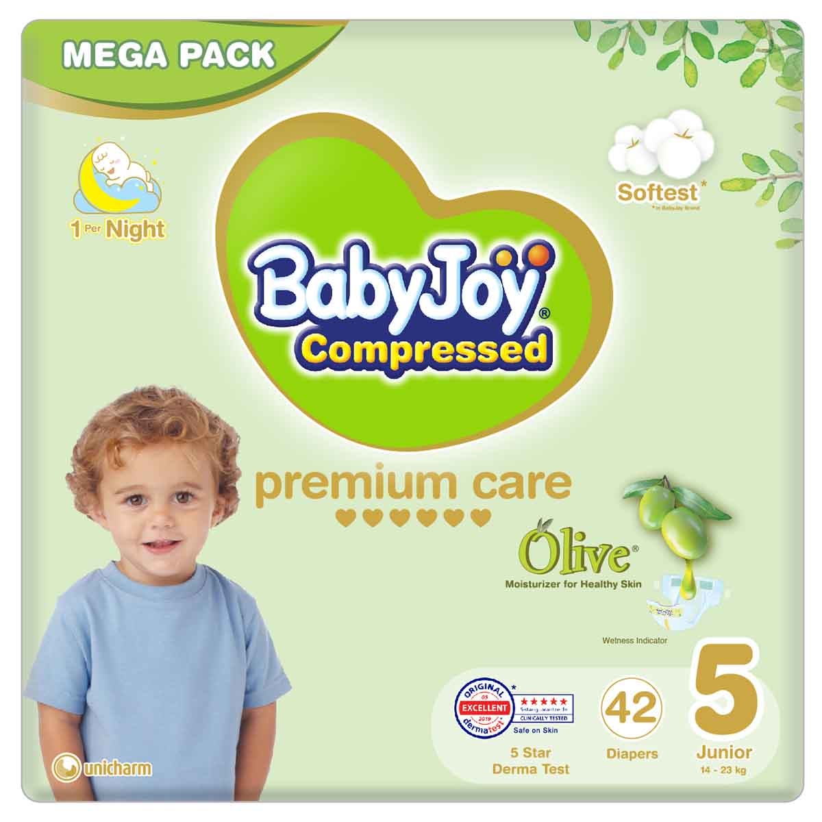 بيبي جوي حفاضات أطفال بشريط لاصق زيتون مقاس 5 جونيور 14-23 كغ – 42 قطعة