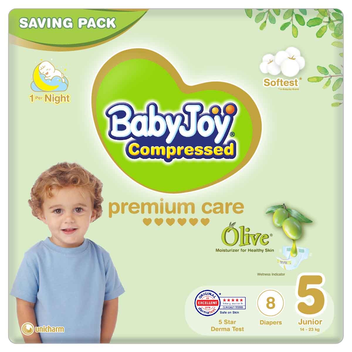 BabyJoy 8-Piece Size 5 Junior 14-23 kg Olive Tape Diapers