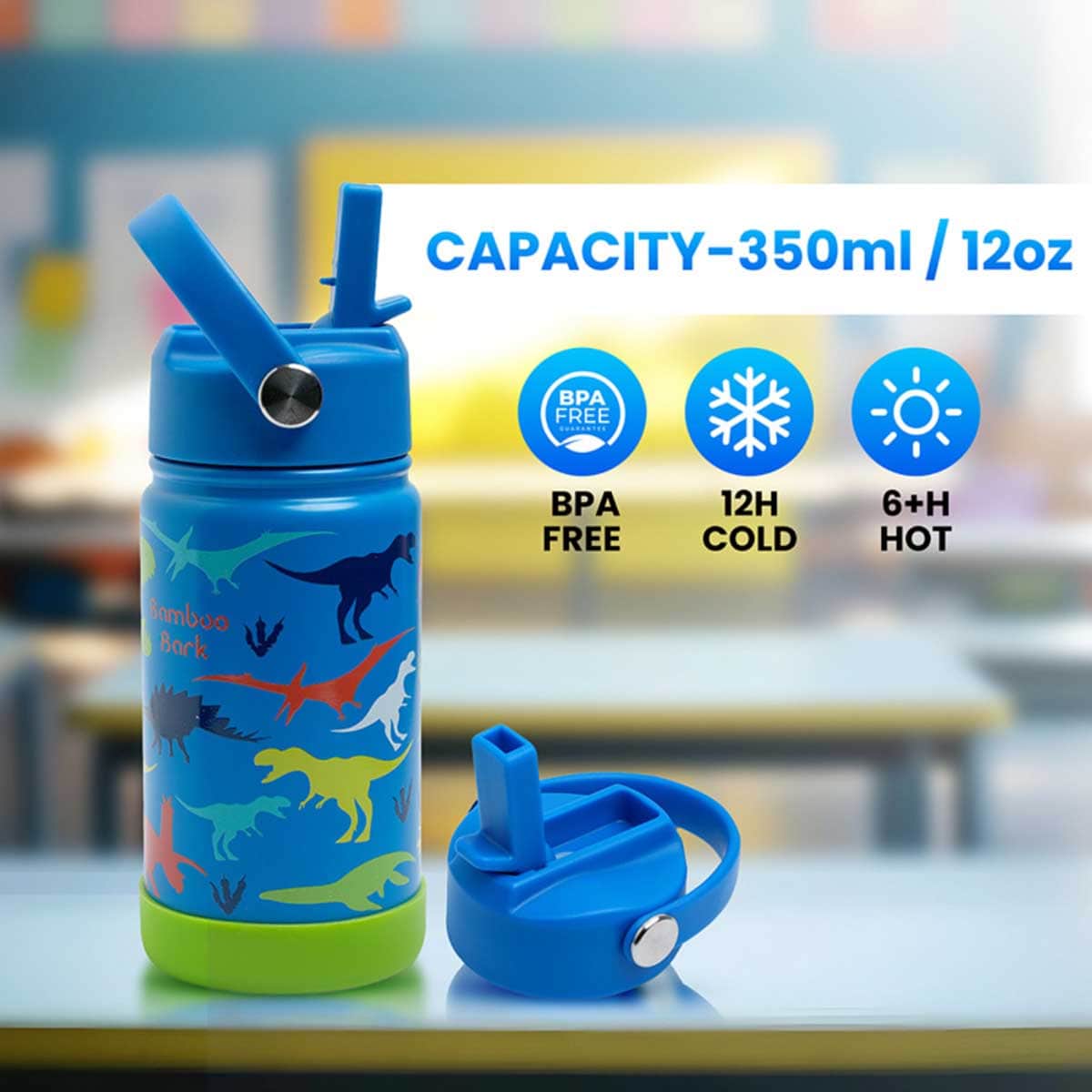 Bamboo Bark 350ml Blue Dino Insulated Stainless Steel Water Bottle
