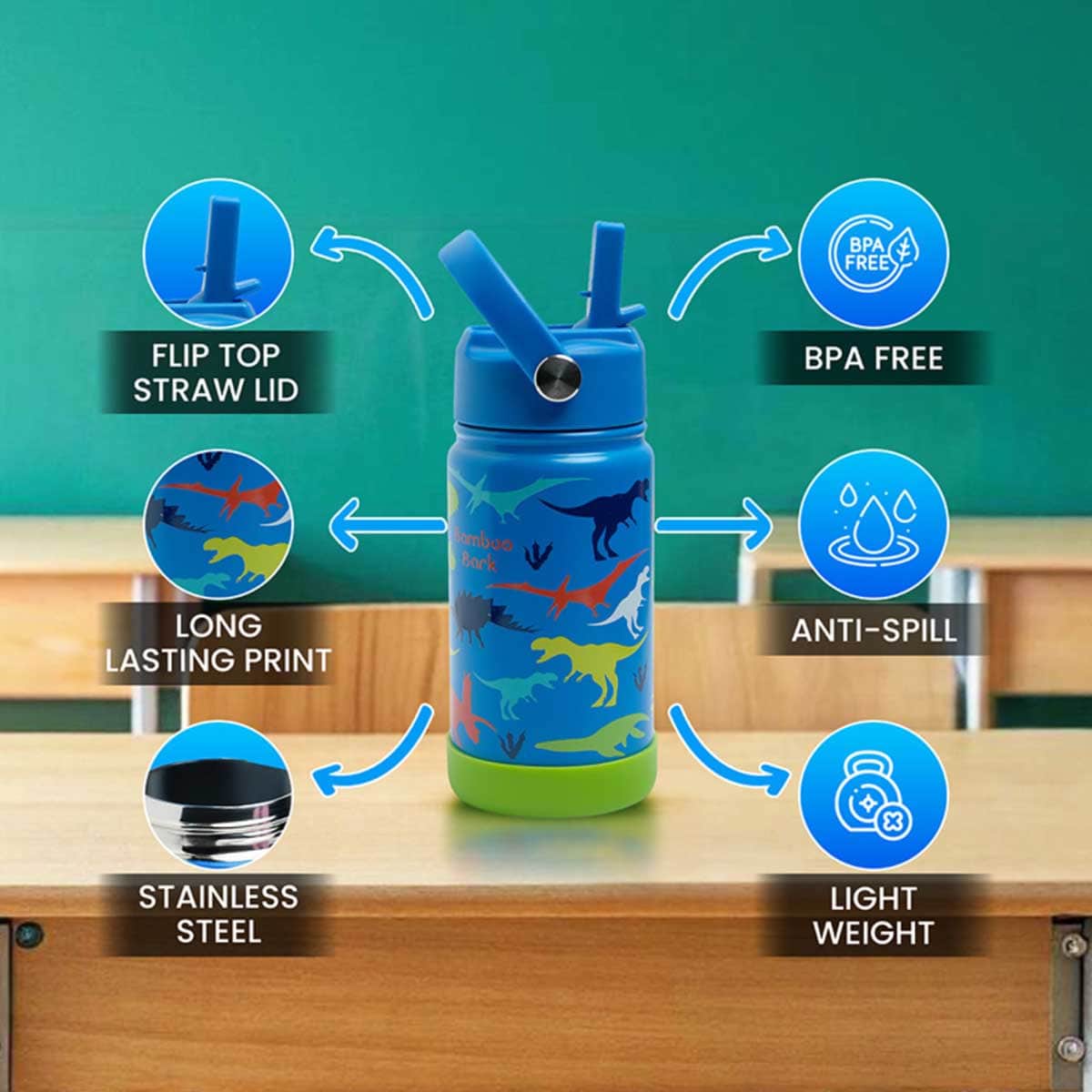 Bamboo Bark 350ml Blue Dino Insulated Stainless Steel Water Bottle