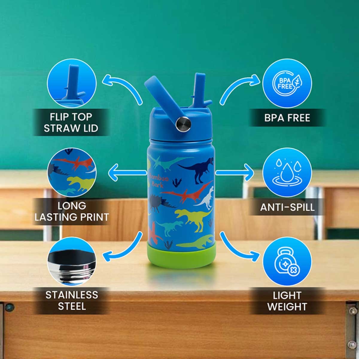 Bamboo Bark 350ml Blue Dino Insulated Stainless Steel Water Bottle