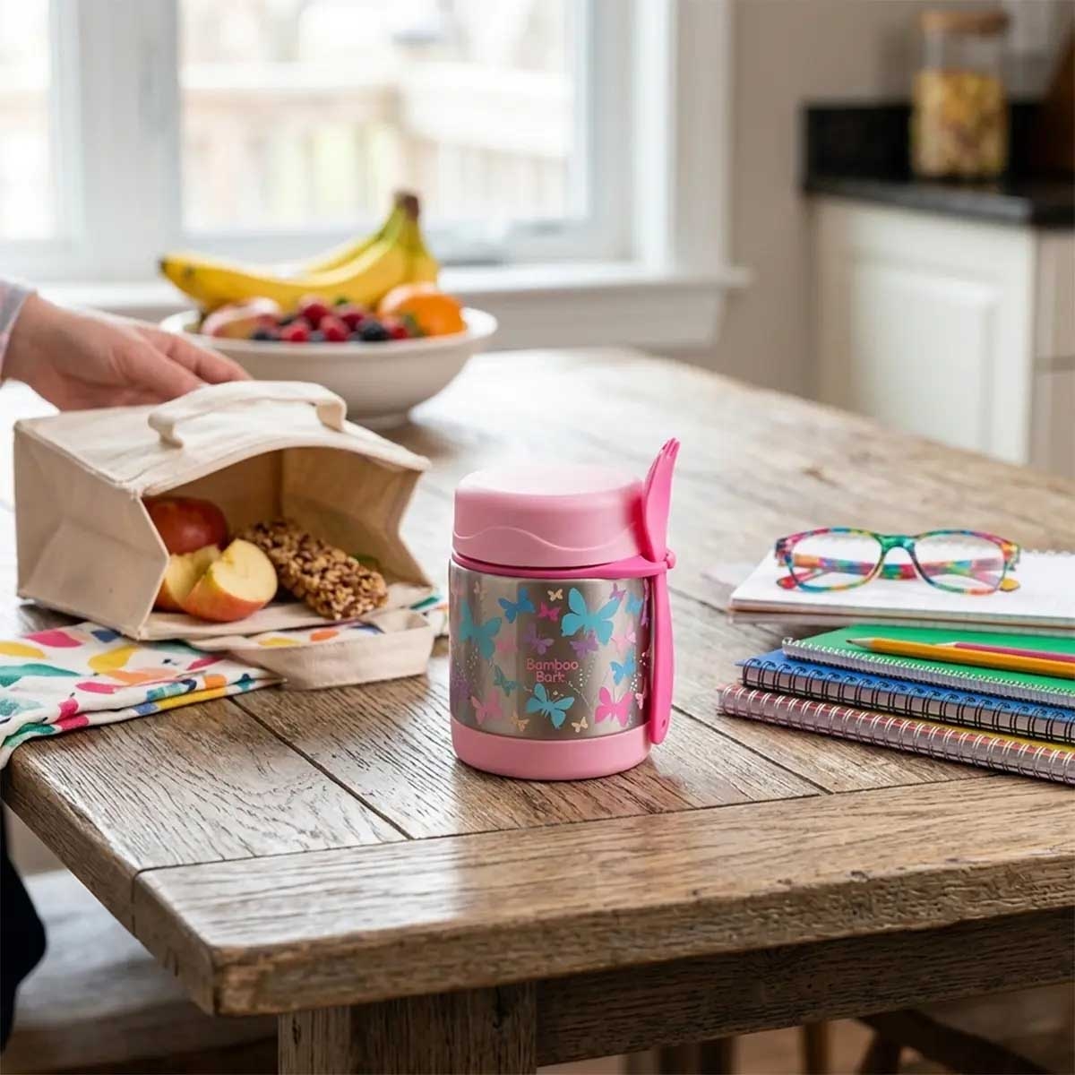 Bamboo Bark 350ml Butterfly Design Insulated Stainless Steel Food Jar with Fork