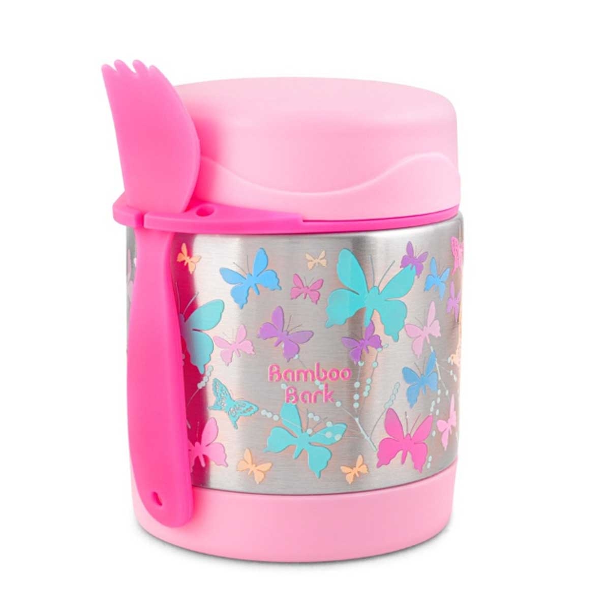 Bamboo Bark 350ml Butterfly Design Insulated Stainless Steel Food Jar with Fork