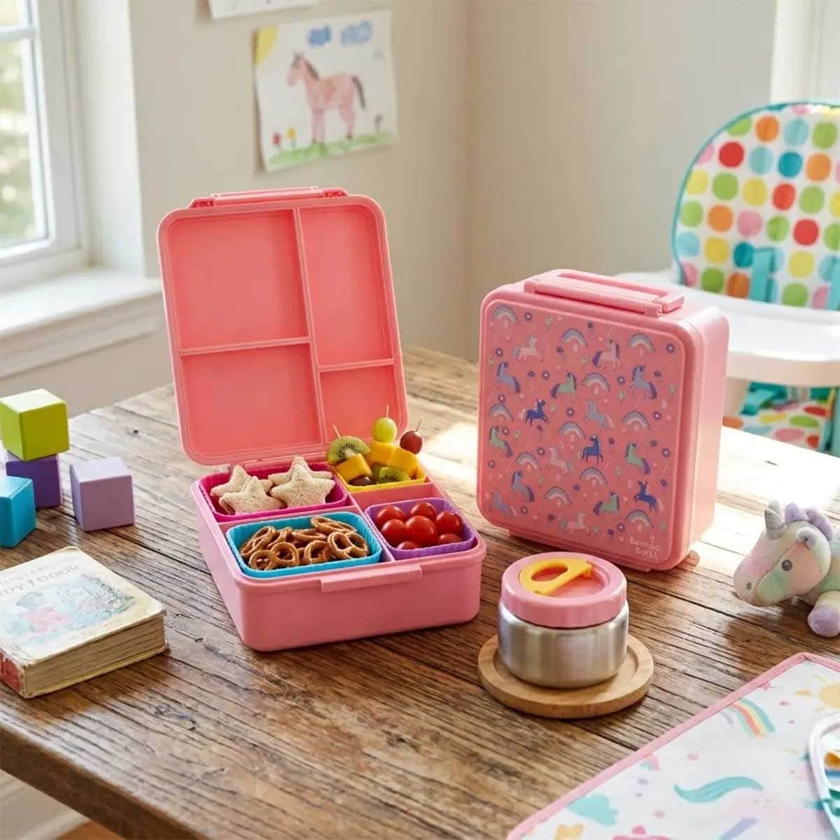 Bamboo Bark Pink Unicorn Large Bento Lunch Box with Food Jar