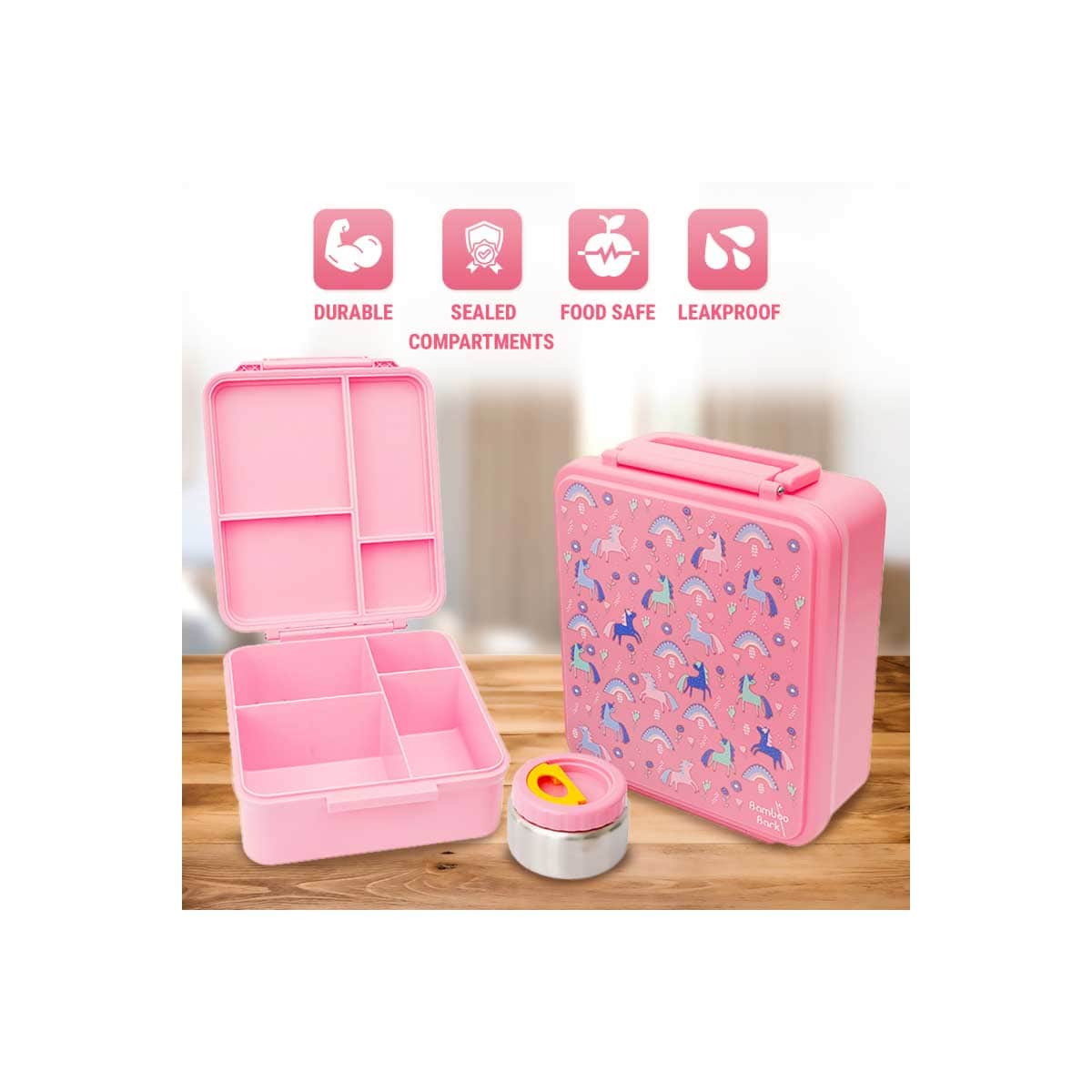 Bamboo Bark Pink Unicorn Large Bento Lunch Box with Food Jar