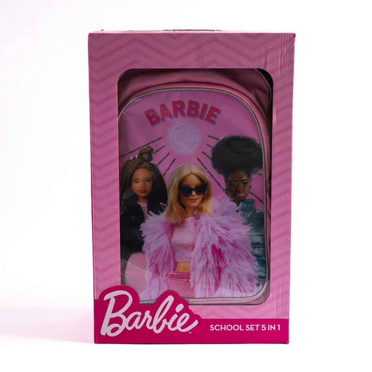 باربي مجموعة حقيبة ترولي مقاس 18 انش باللون الوردي مع حقيبة غداء ومقلمة وزجاجة مياه وصندوق طعام للبنات من عمر 5-7 سنوات