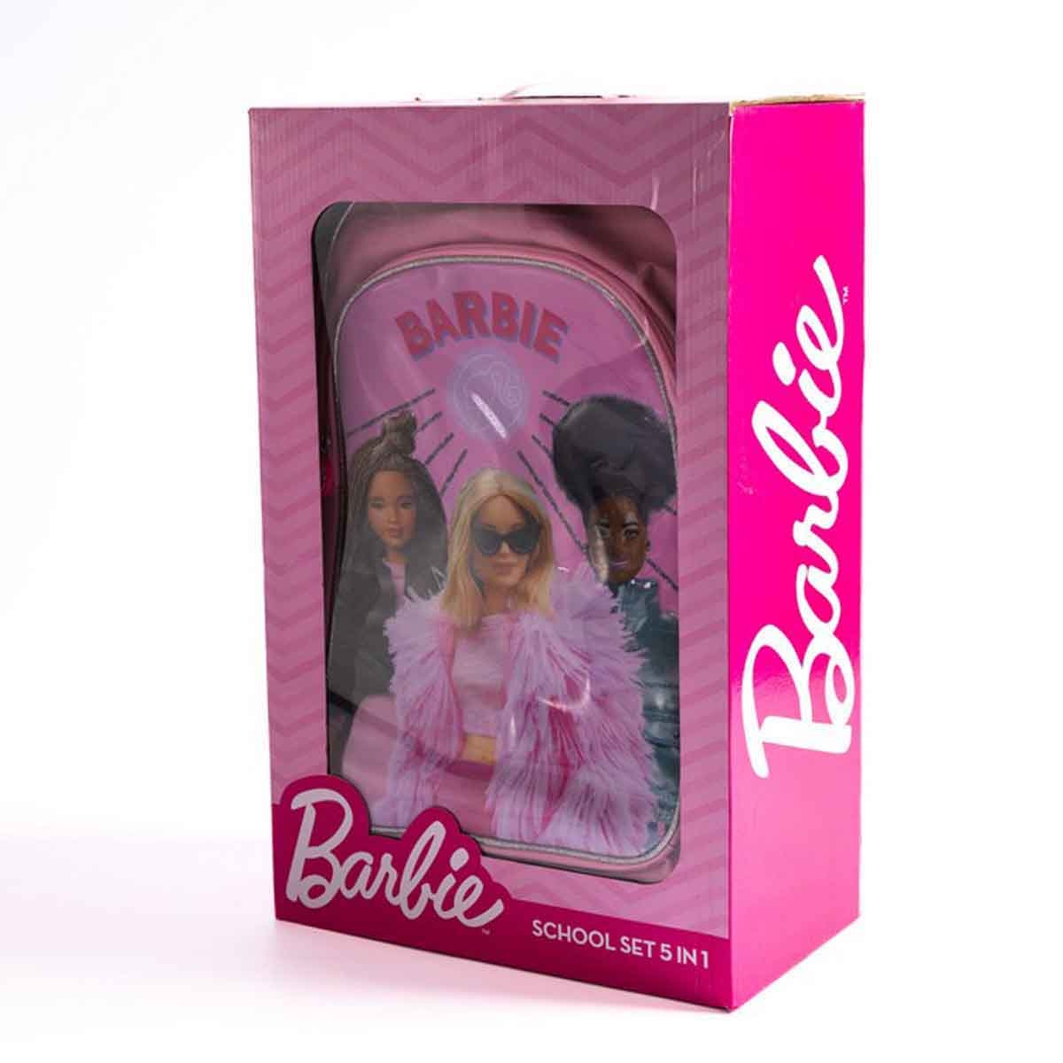 باربي مجموعة حقيبة ترولي مقاس 18 انش باللون الوردي مع حقيبة غداء ومقلمة وزجاجة مياه وصندوق طعام للبنات من عمر 5-7 سنوات