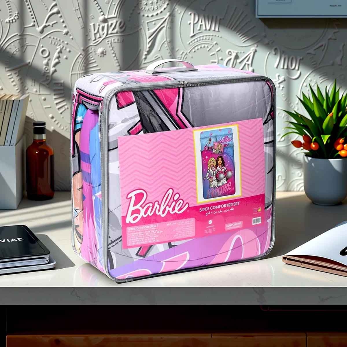 باربي طقم لحاف مكون من 5 قطع من ألياف دقيقة مفرشة مع غلاف بوليستر