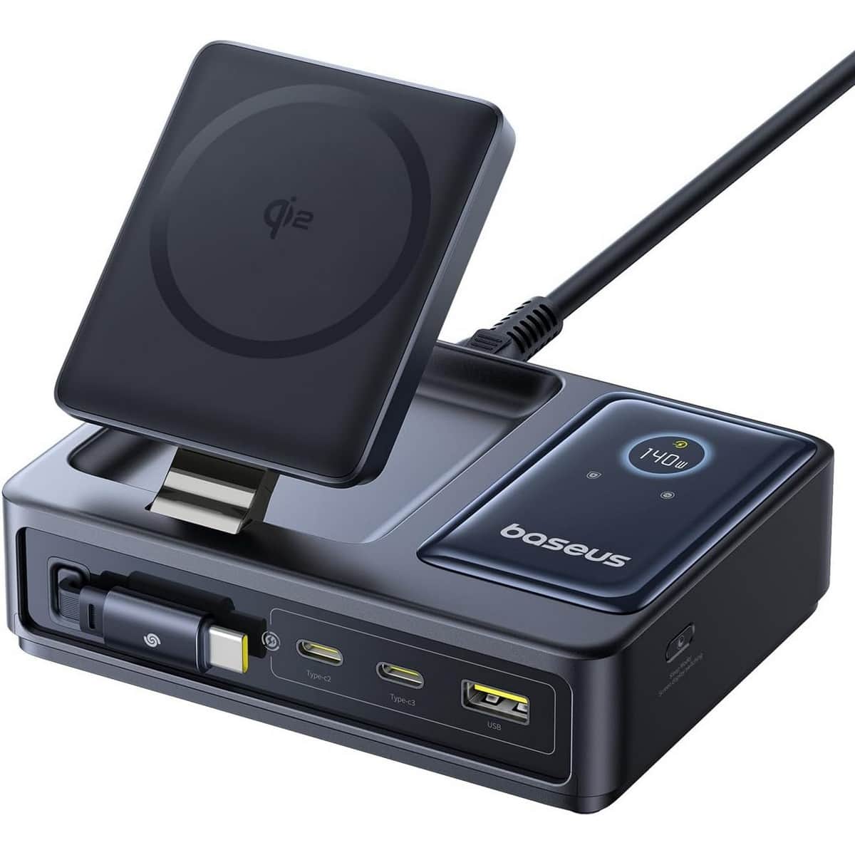 Baseus Black Nomos Qi2 140W 5-in-1 Wireless Charging Station & Retractable Cable Set