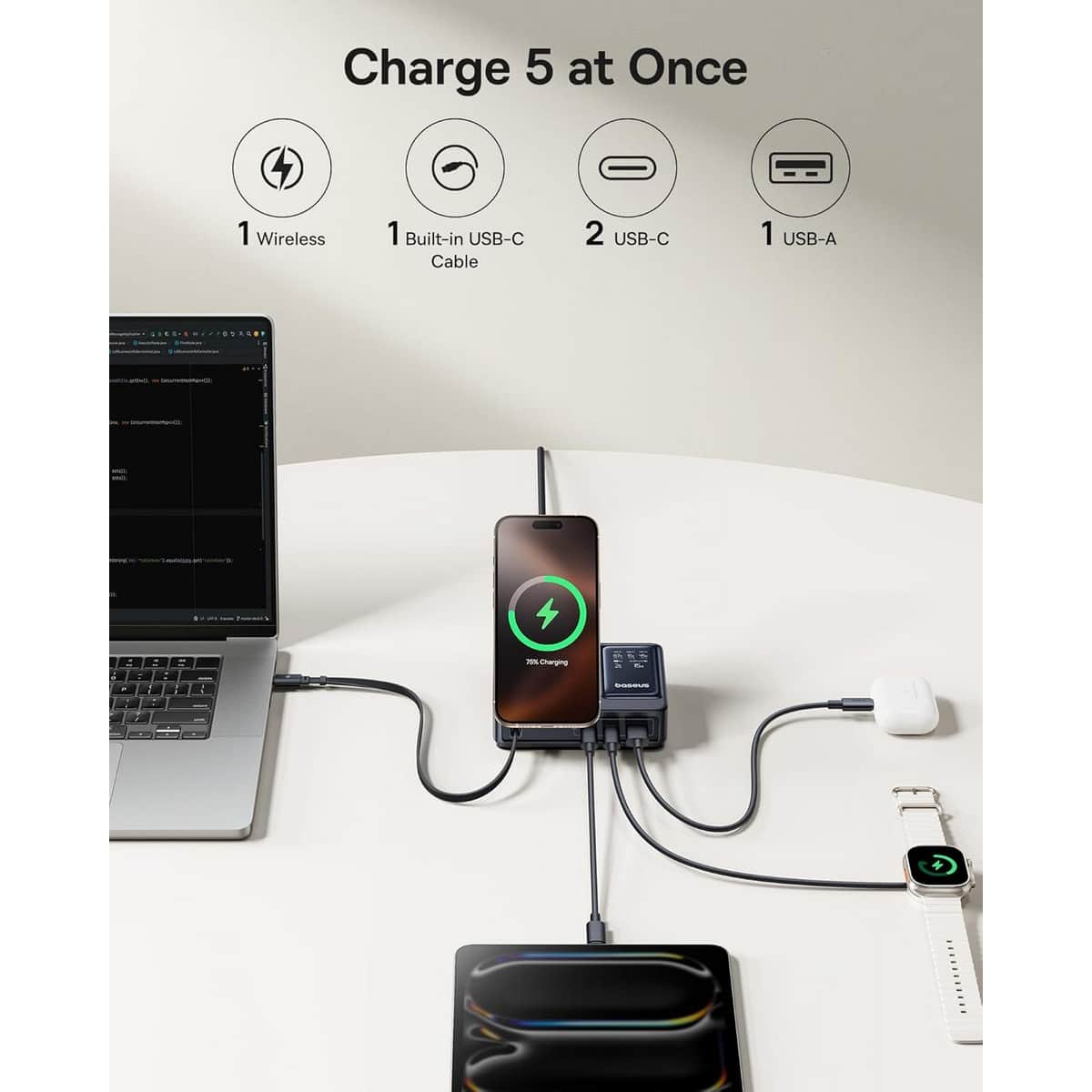 Baseus Black Nomos Qi2 140W 5-in-1 Wireless Charging Station & Retractable Cable Set