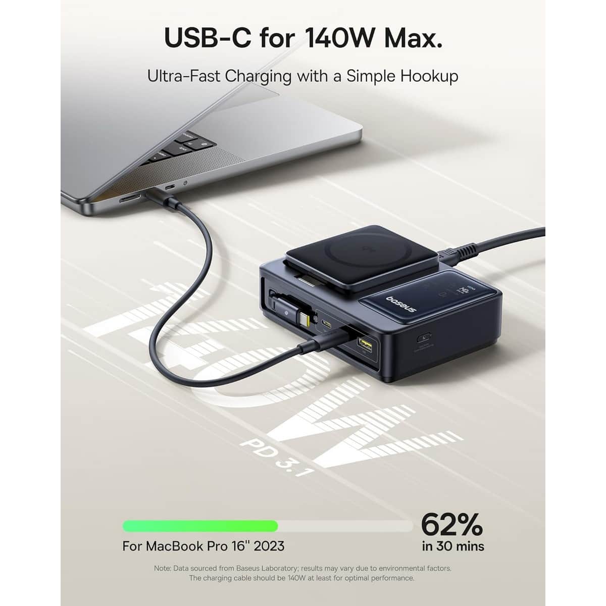 Baseus Black Nomos Qi2 140W 5-in-1 Wireless Charging Station & Retractable Cable Set