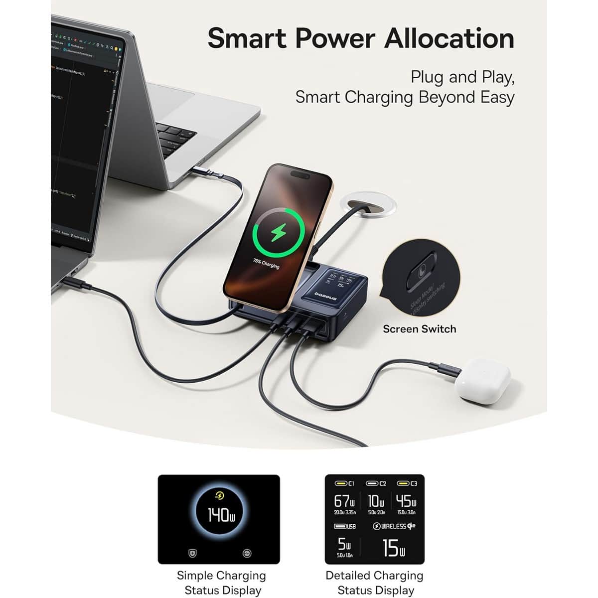 Baseus Black Nomos Qi2 140W 5-in-1 Wireless Charging Station & Retractable Cable Set