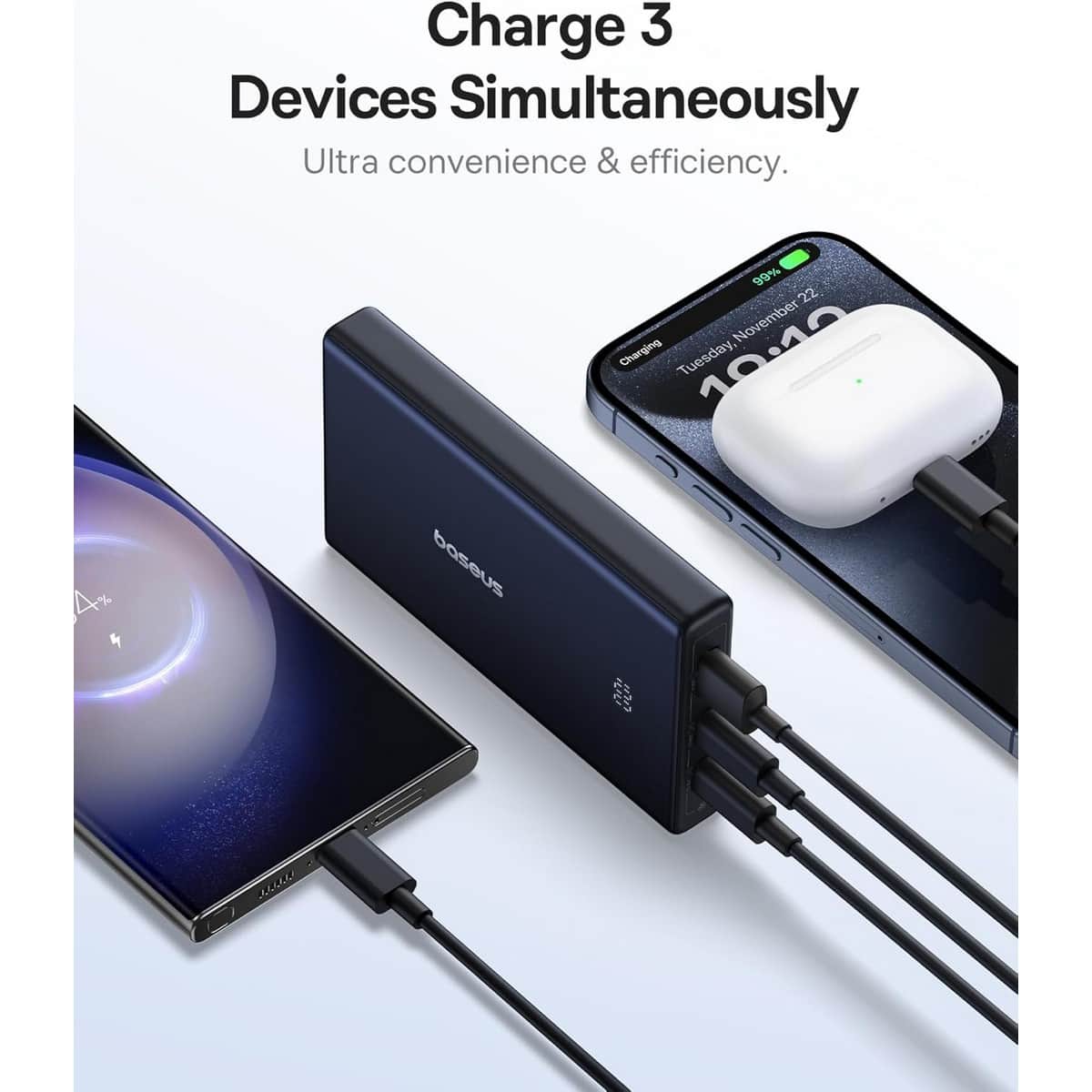 بيسوس أسود بيكو جو شاشة رقمية بنك طاقة 10000mAh بقدرة 20 واط مع طقم كابل