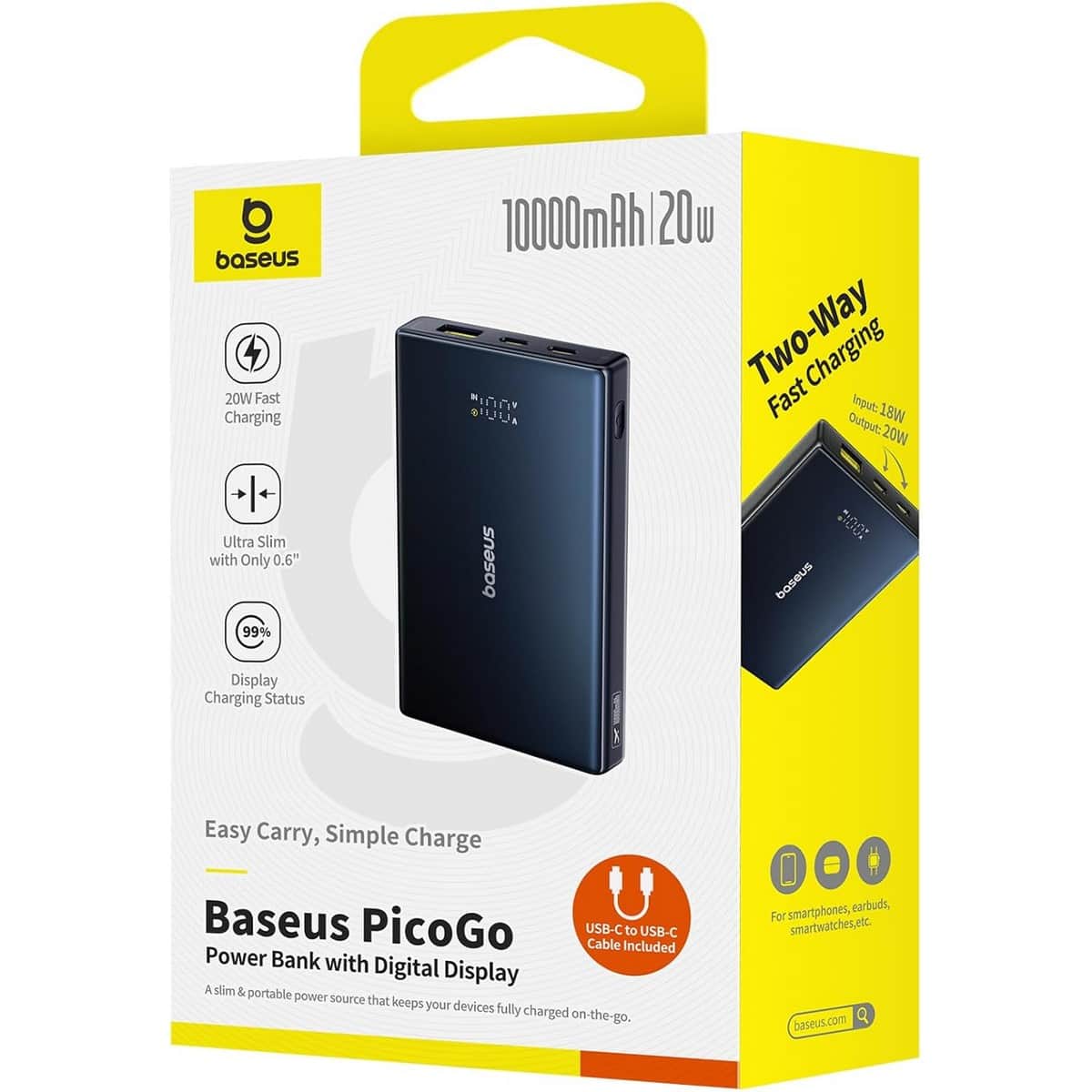 بيسوس أسود بيكو جو شاشة رقمية بنك طاقة 10000mAh بقدرة 20 واط مع طقم كابل