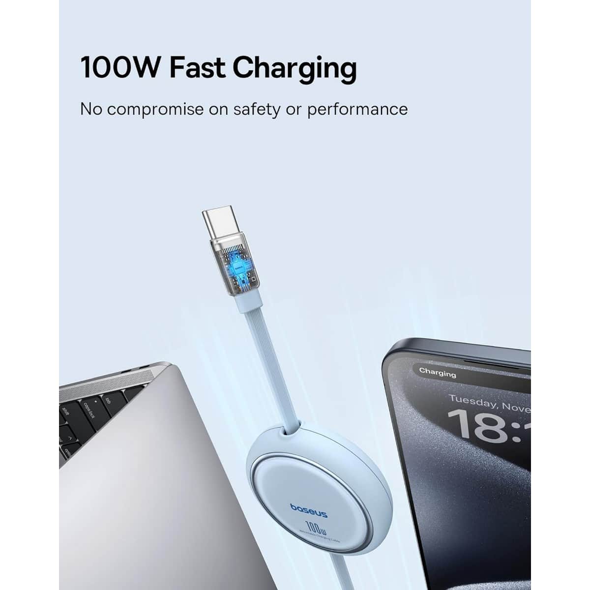 بيسوس كابل Free2Draw Mini USB-C إلى USB-C قابل للسحب بقدرة 100 واط بطول 1 متر