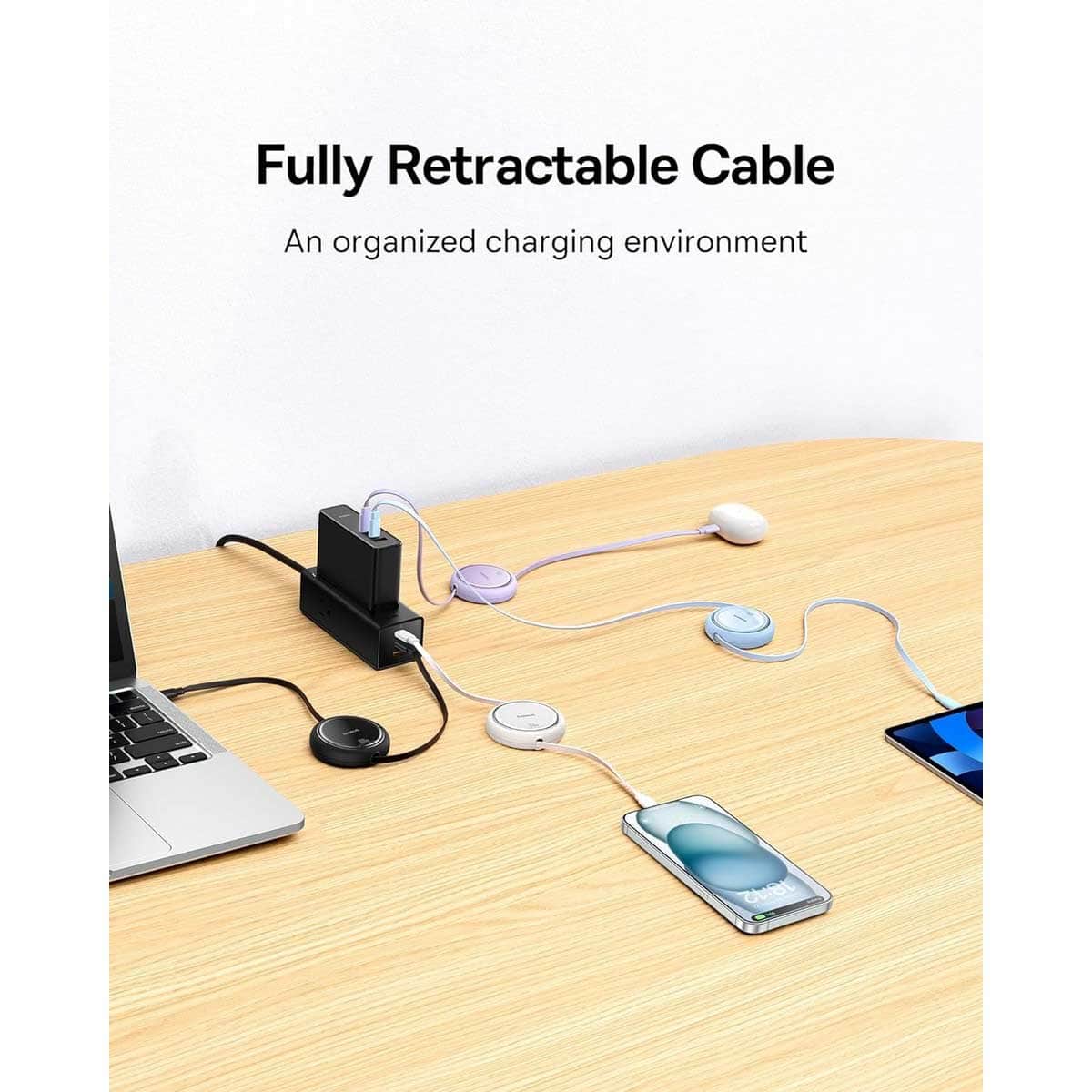 بيسوس كابل Free2Draw Mini USB-C إلى USB-C قابل للسحب بقدرة 100 واط بطول 1 متر