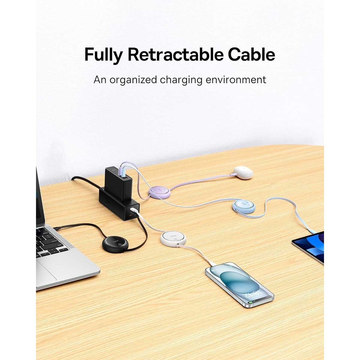 بيسوس كابل Free2Draw Mini USB-C إلى USB-C قابل للسحب بقدرة 100 واط بطول 1 متر