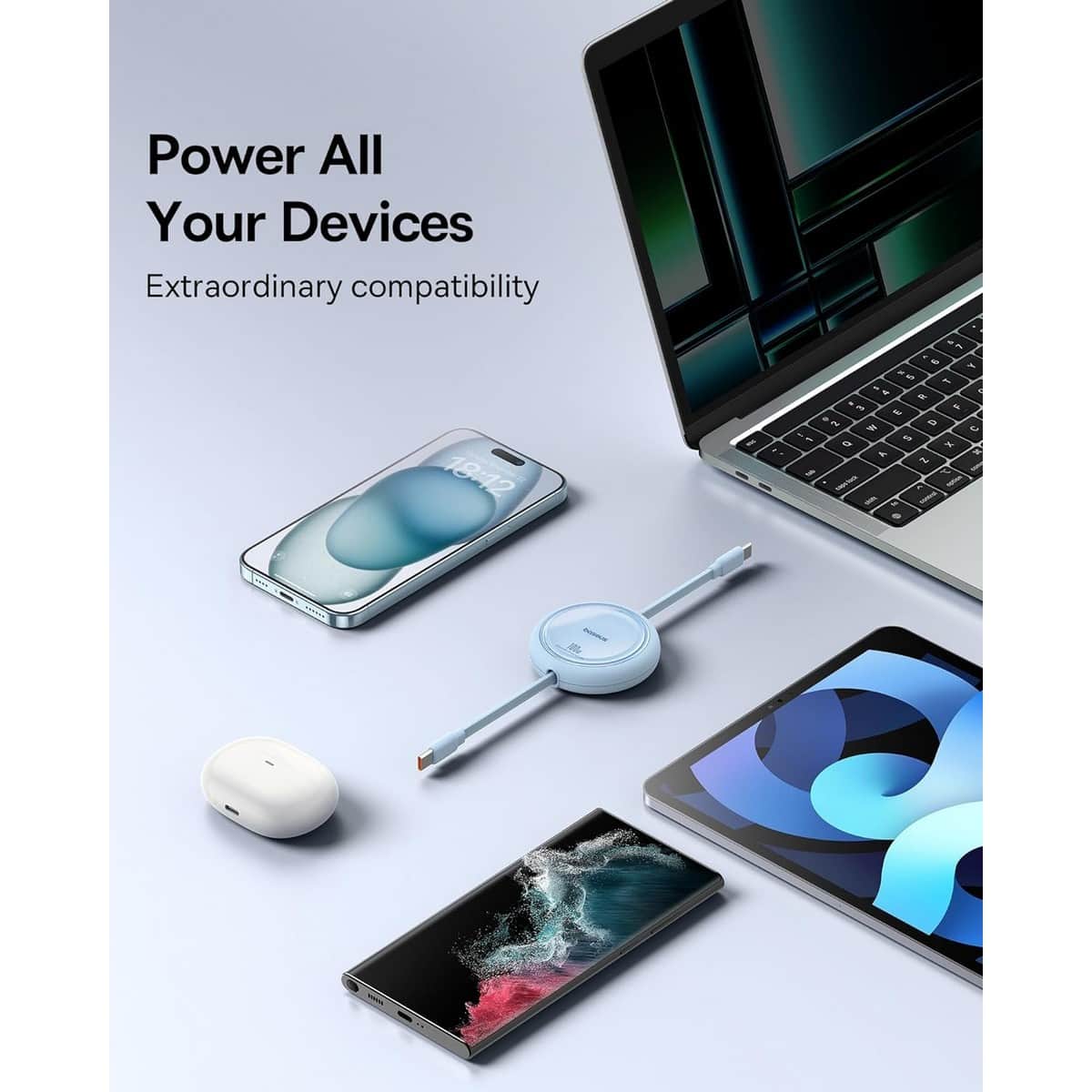 بيسوس كابل Free2Draw Mini USB-C إلى USB-C قابل للسحب بقدرة 100 واط بطول 1 متر