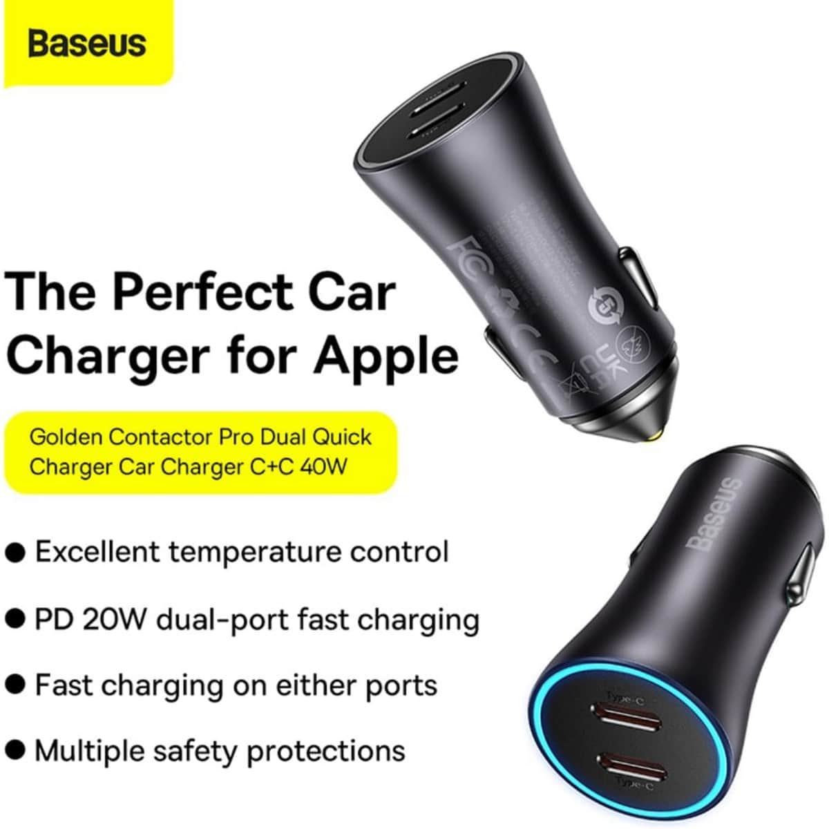Baseus Dark Grey Golden Contactor Pro 40W 2-Port USB-C Car Charger
