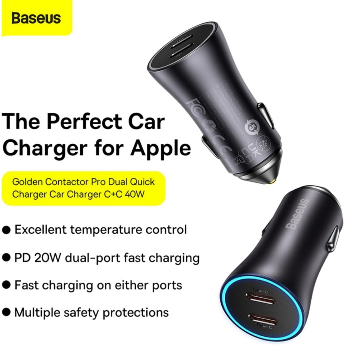 بيسوس رمادي داكن جولدن كونتاكتور برو شاحن سيارة USB-C مزدوج المنافذ بقدرة 40 واط