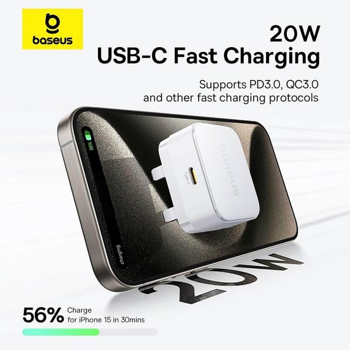 بيسوس شاحن حائط بالم بقدرة 20 واط مع كابل USB-C