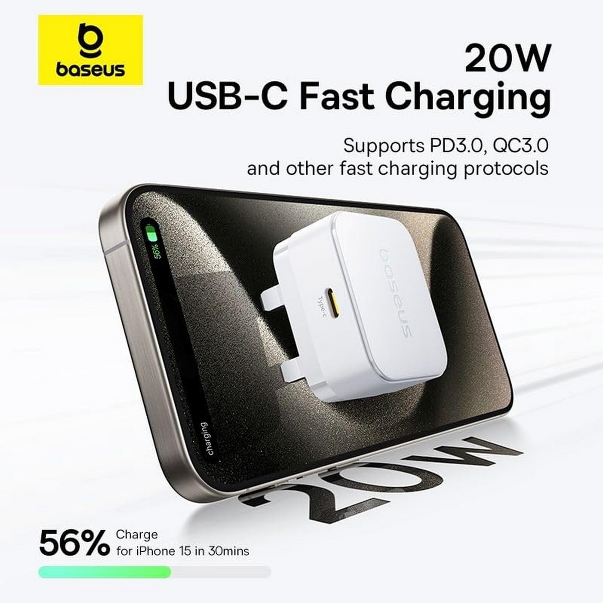 بيسوس شاحن حائط بالم بقدرة 20 واط مع كابل USB-C