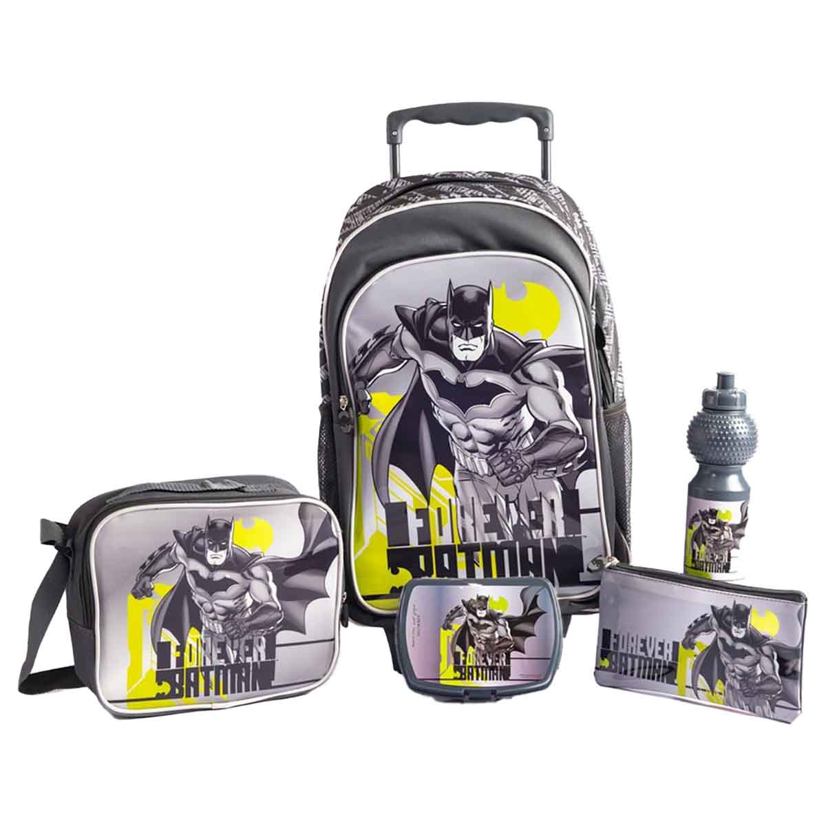 Batman 18" Dark Grey 5-in-1 School Trolley Bag Set with Lunch Bag, Pencil Case, Water Bottle & Lunch Box