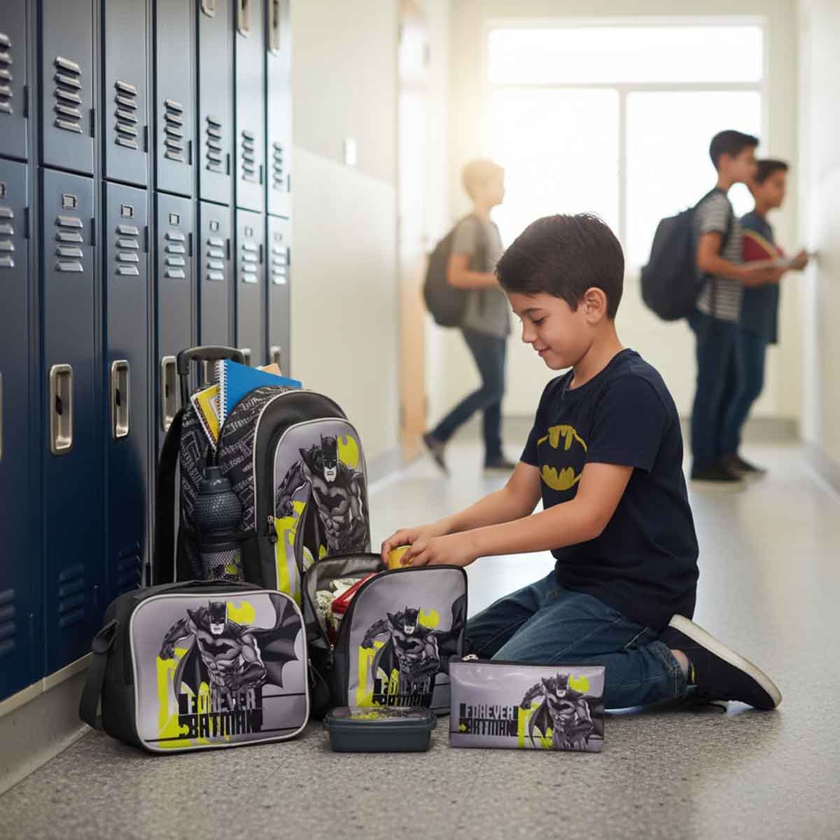 Batman 18" Dark Grey 5-in-1 School Trolley Bag Set with Lunch Bag, Pencil Case, Water Bottle & Lunch Box