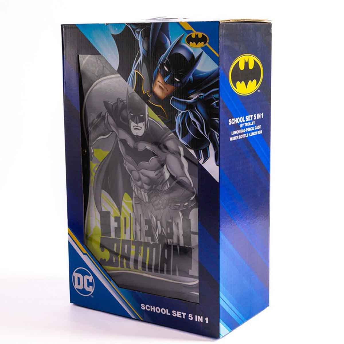 Batman 18" Dark Grey 5-in-1 School Trolley Bag Set with Lunch Bag, Pencil Case, Water Bottle & Lunch Box