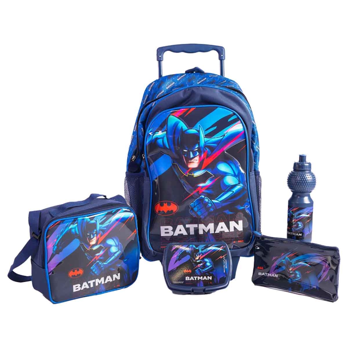 Batman 18" Dark Blue Trolley Bag Set with Lunch Bag, Pencil Case, Water Bottle & Lunch Box