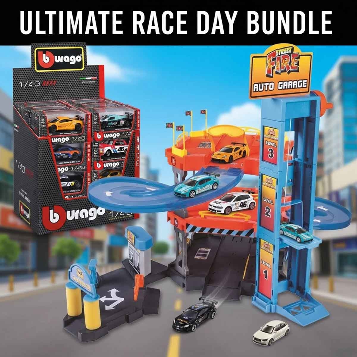 Bburago 1/43 Street Fire Auto Garage & Race Series Diecast Car Playset Bundle Unisex, 3-4 Years