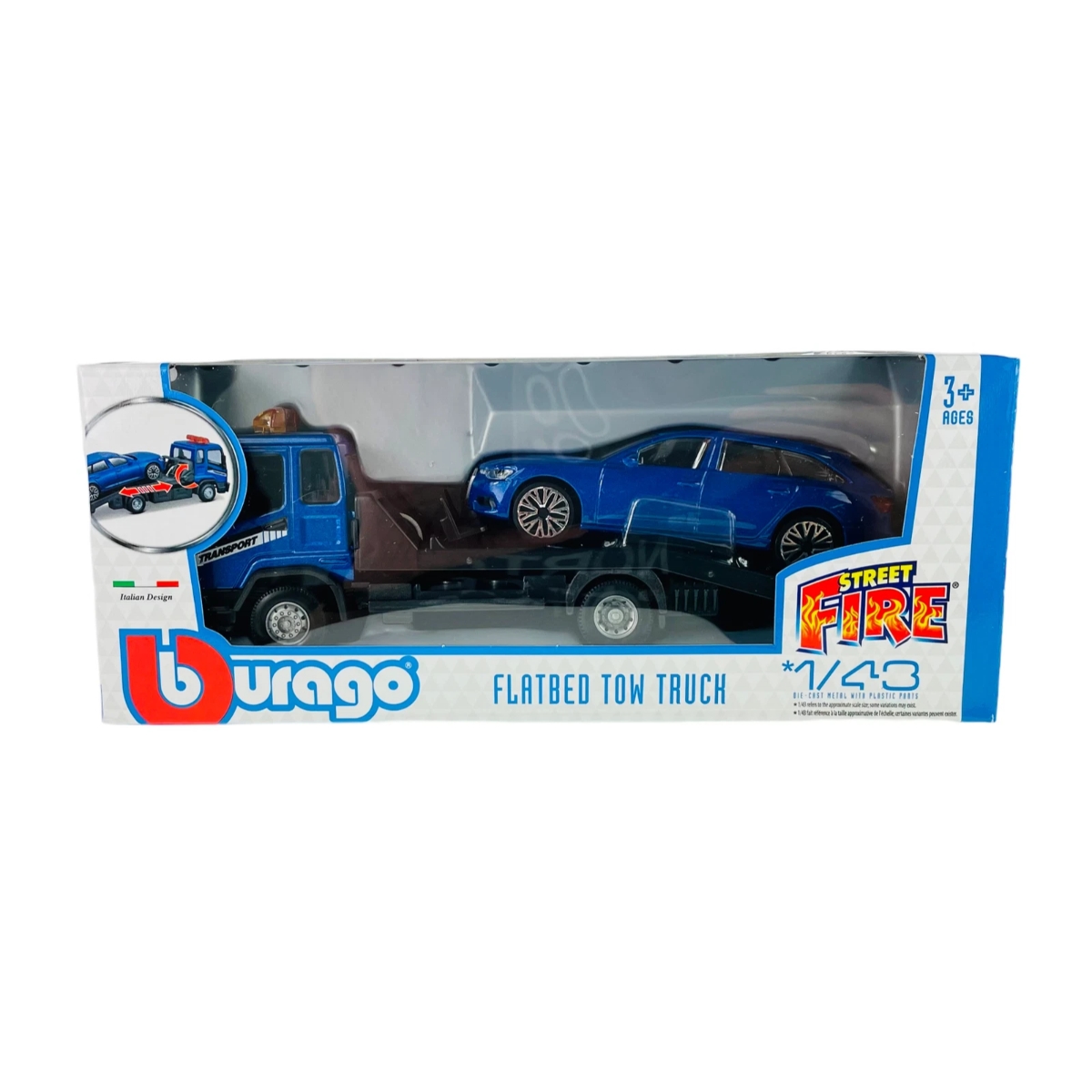 بوراغو مجموعة نقل بمنصة مسطحة متنوعة ستريت فاير 18-31399 بمقياس 1:43 للأولاد، 3-4 سنوات