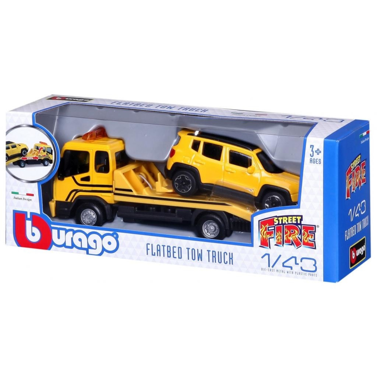 بوراغو مجموعة نقل بمنصة مسطحة متنوعة ستريت فاير 18-31399 بمقياس 1:43 للأولاد، 3-4 سنوات