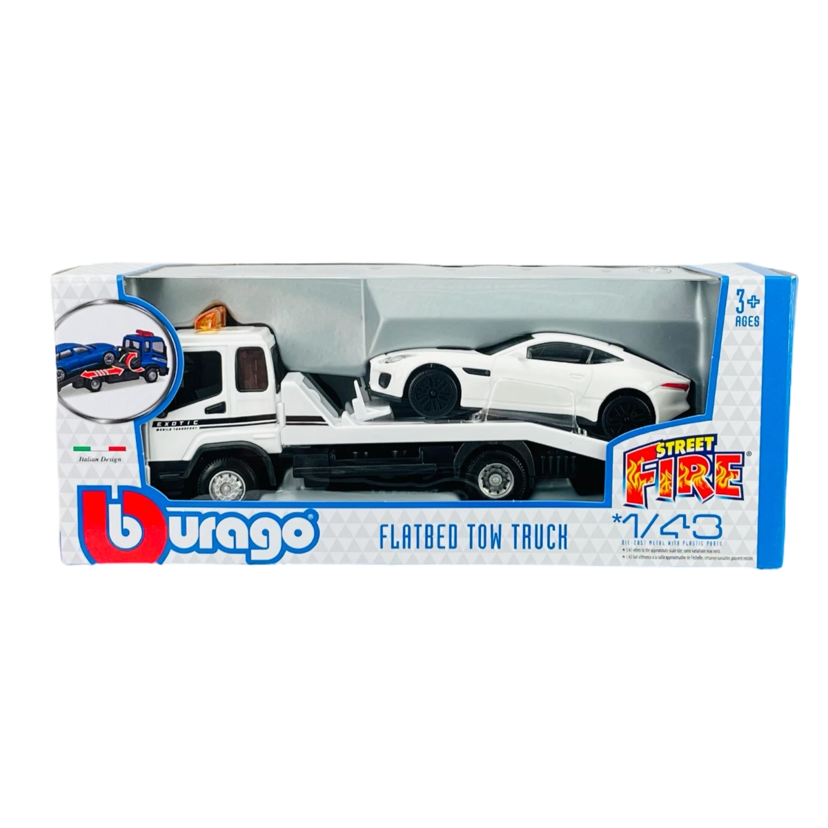 بوراغو مجموعة نقل بمنصة مسطحة متنوعة ستريت فاير 18-31399 بمقياس 1:43 للأولاد، 3-4 سنوات