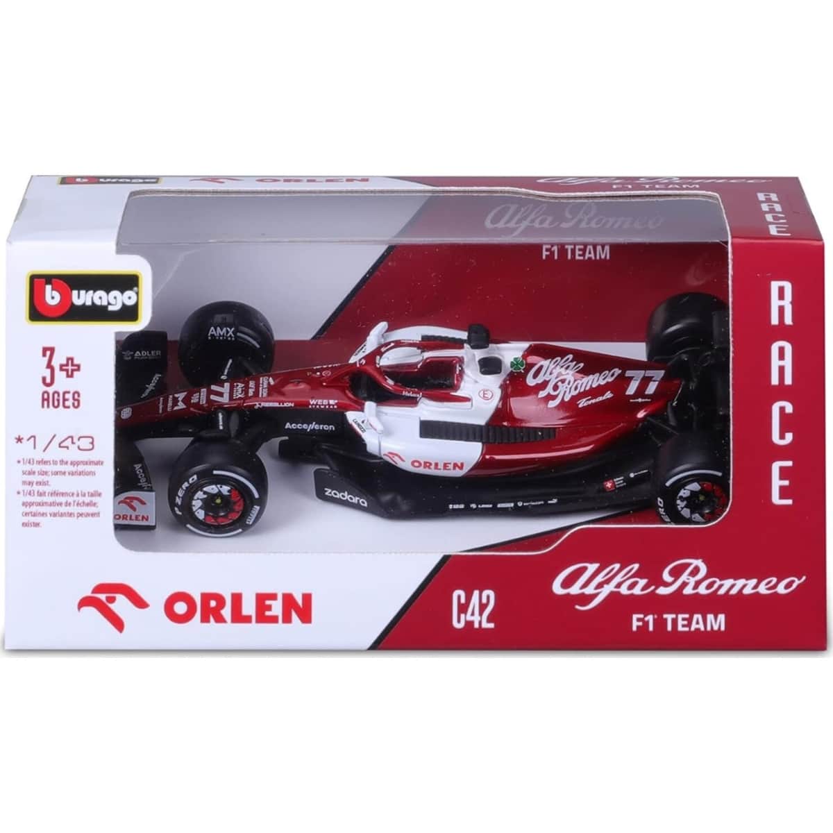 Bburago 1:43 Scale 2022 Alfa Romeo F1 Team Orlen C42 No.77 Diecast Car Boys, 3-4 Years