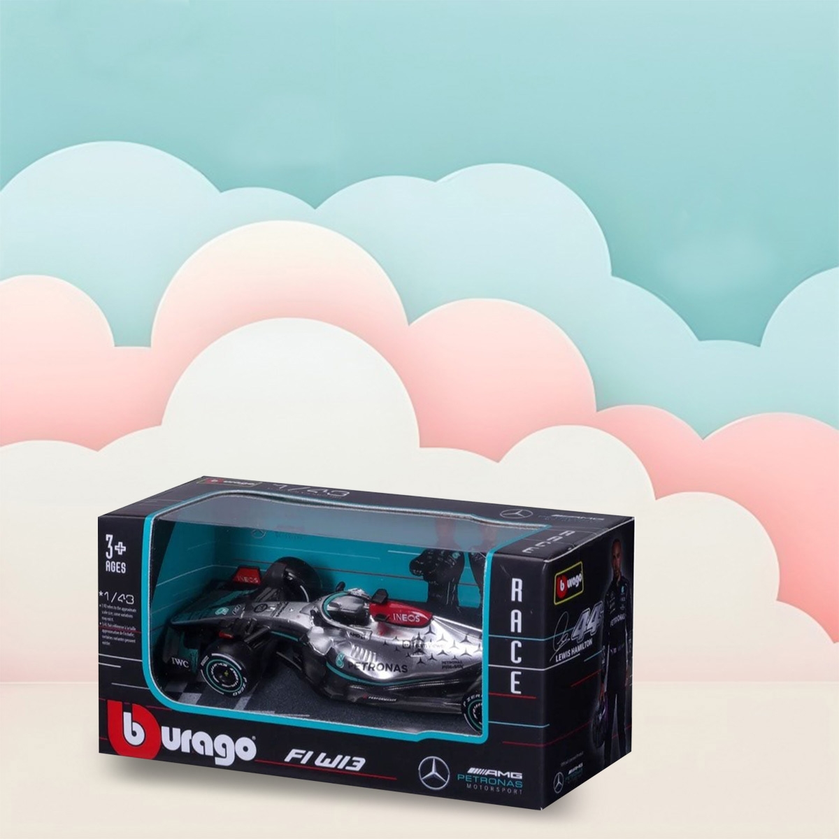 بوراجو سيارة دايكاست مرسيدس AMG F1 W13 رقم 63 بمقياس 1:43 للأولاد، 3-4 سنوات